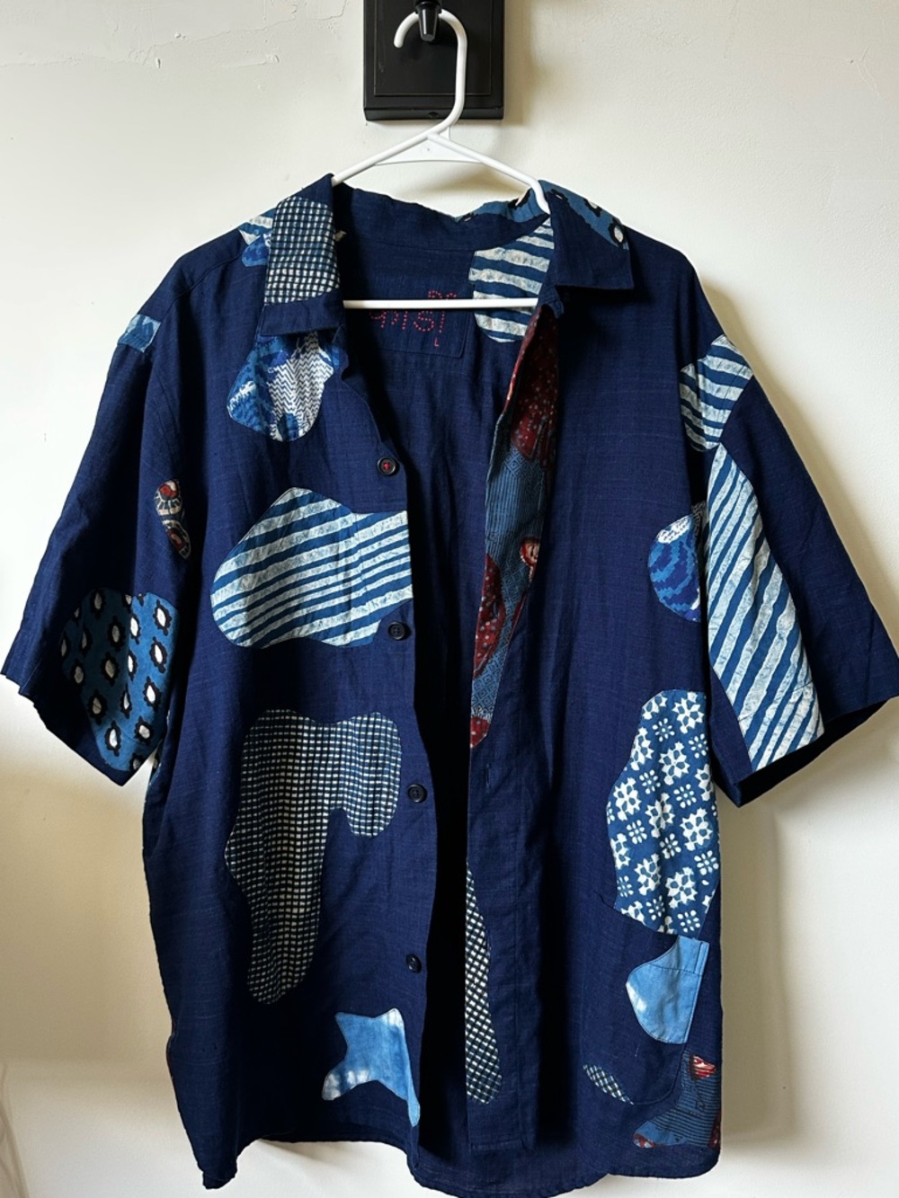 Kardo Navy Blue Patchwork Short Sleeve Button-Down Shirt